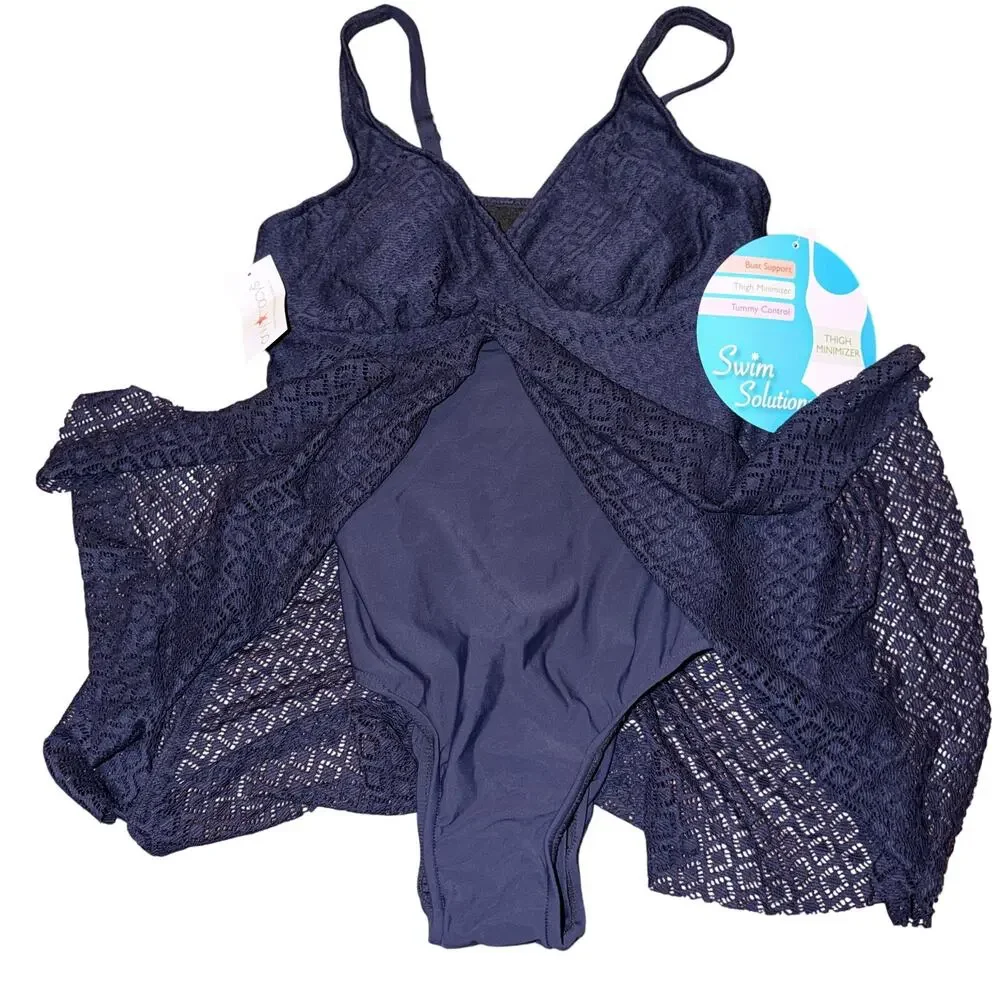 Swim Solutions Fly Away One Piece Swimsuit Women’s Size 12 Navy Blue Crochet New - Picture 4 of 7